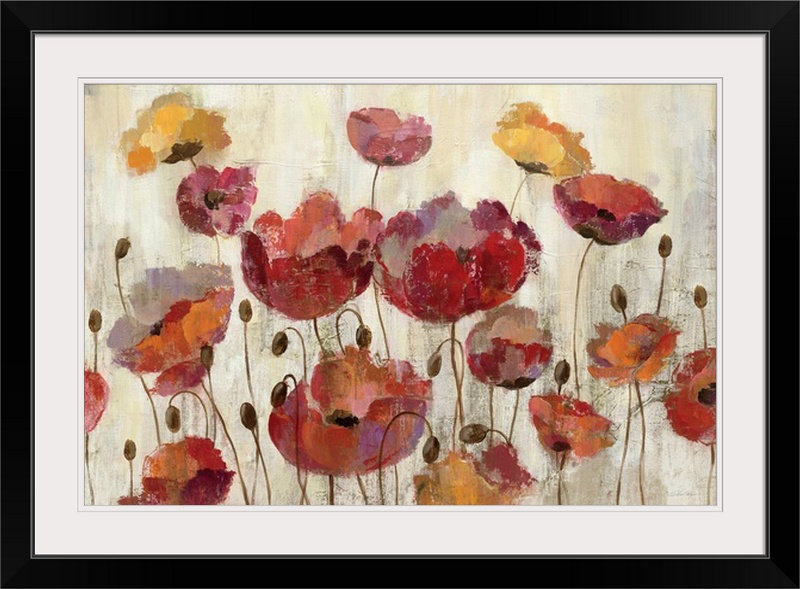 «Poppies in the Rain» par Aniessa, reproduction d'art, H 20 po x l 26 po x P 1 po, Cadre noir