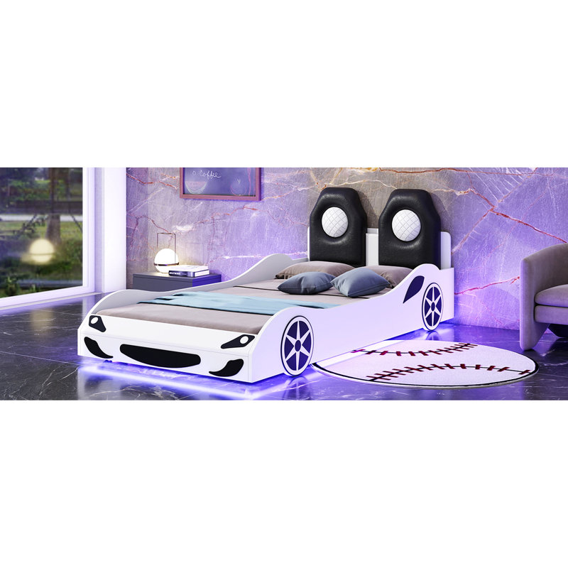 Lit blanc de style voiture de course simple avec support de dossier à DEL avec support et support en bois massif
