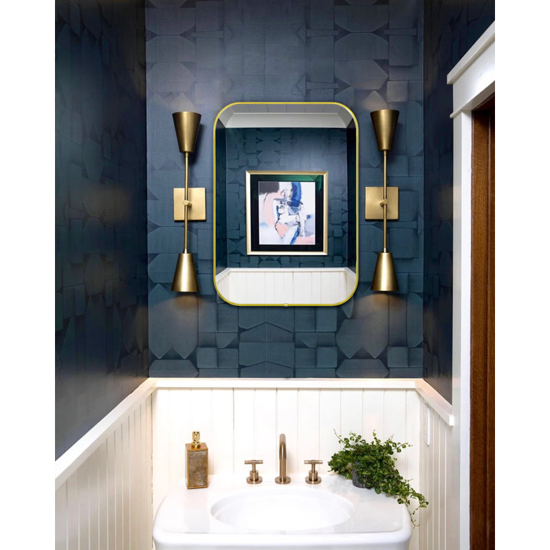 Lucia Contemporary Rounded Rectangle Bathroom Vanity Mirror, Gold, 40'' x 30''
