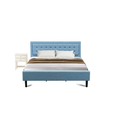 2-Piece Platform Bed Set with 1 King Size Bed and a Small Nightstand - Reliable and Durable Construction - Denim Blue Linen Fabric