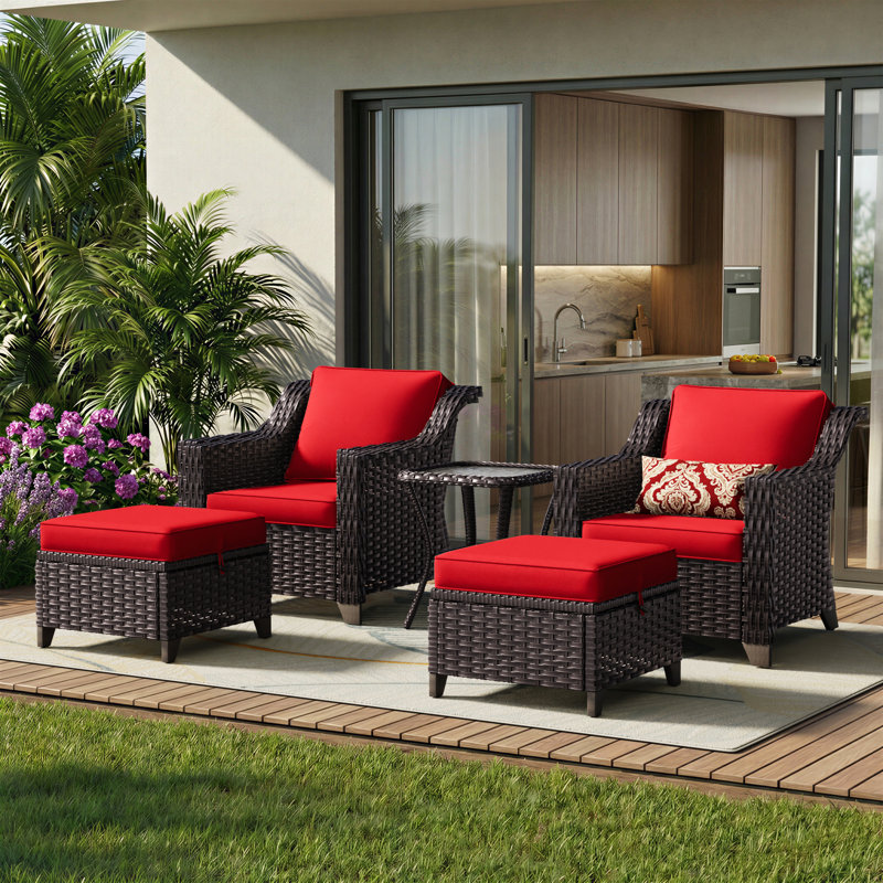 5-Piece PE Wicker Patio Furniture Set with 2 Chairs, 2 Ottomans & Side Table, Beige Cushion, Red