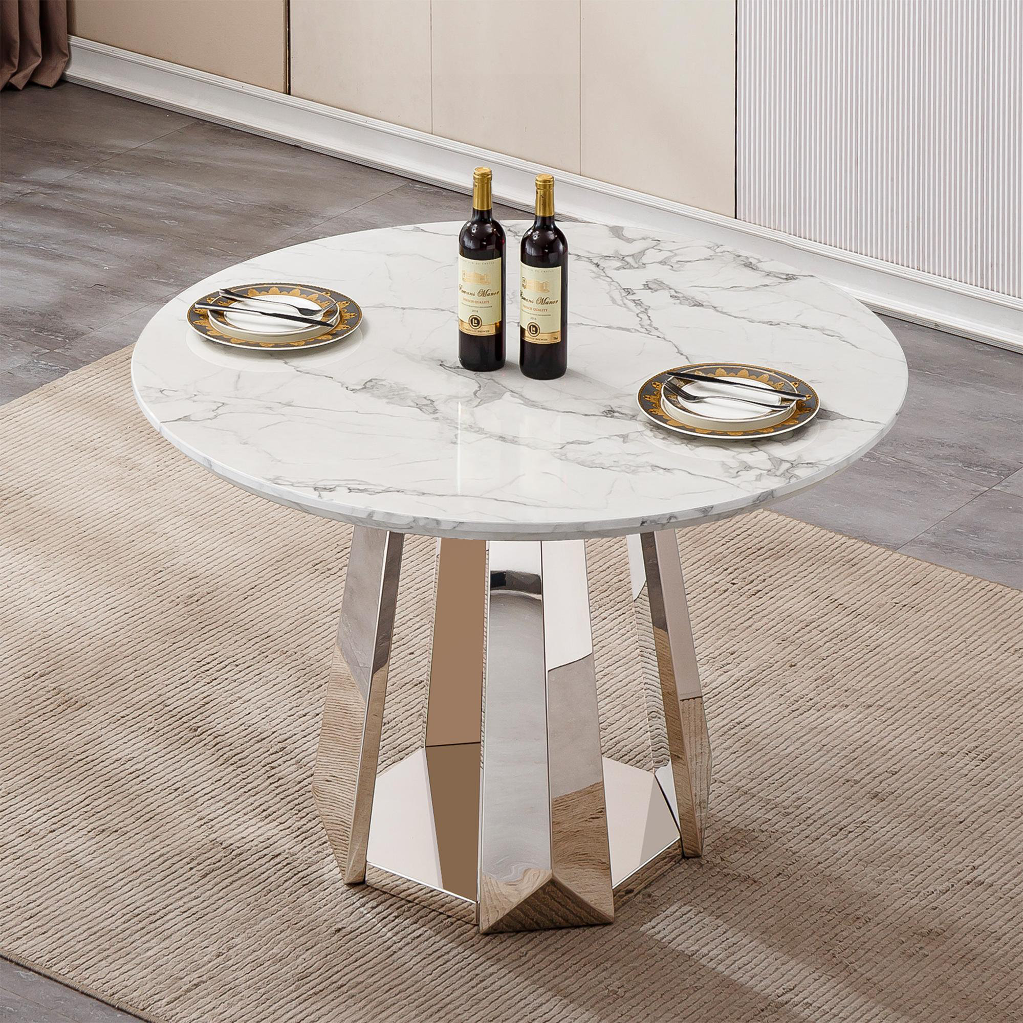 Ivy Bronx 47" Round Marble Dining Table, Modern Kitchen Table with High ...