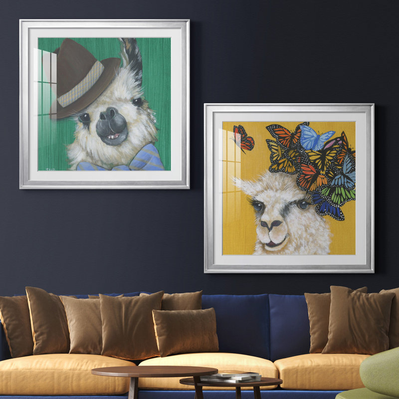 Llama Gentleman - ensemble de 2 reproductions d'art graphique, H 26,5 po x l 53 po x P 1,5 po, Papier avec cadre argenté
