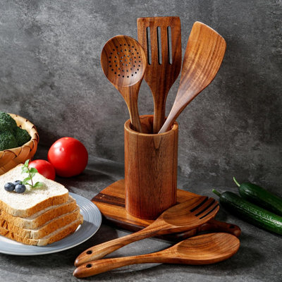 6 Piece Teak Wooden Cooking Utensils Set With Holder - Non-Stick, Soft Grip, Ergonomic Design - Natural Finish Wooden Spoons For Cooking