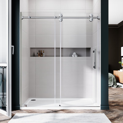 UKS04 66 to 72 in. x 76 in. H Frameless Single Sliding Shower Door with U-Chanel and 3/8 in. (10mm) Clear Glass in Chrome