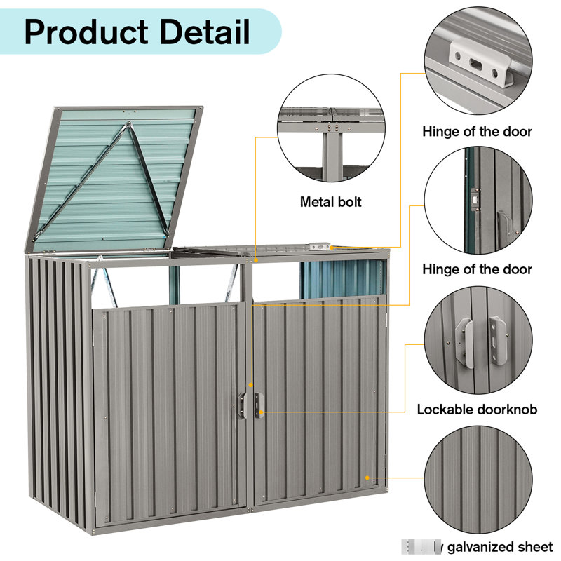 Metal Garbage Bin Shed For Lawn - Grey Accommodates 2 Trash Cans Galvanized Steel, , Rust, Scratch-, Cleanable With Spray Rot-, Ventilated Lifting Springs