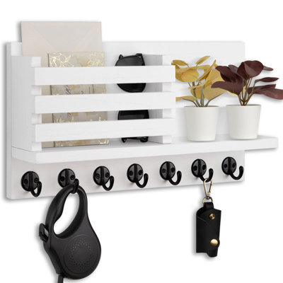 Porte-courrier décoratif en bois et tablette à clés avec quincaillerie de fixation, blanc