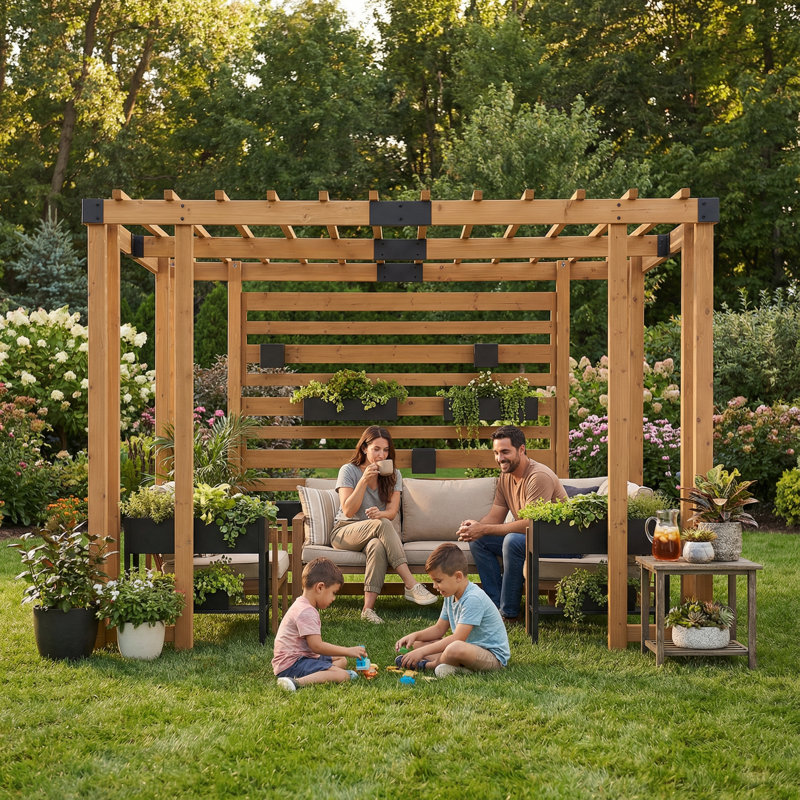 Sunjoy 10.5 ft. x 10 ft. Cedar Wood Pergola with Slatted Privacy Wall&Adjustable Hanging Planters