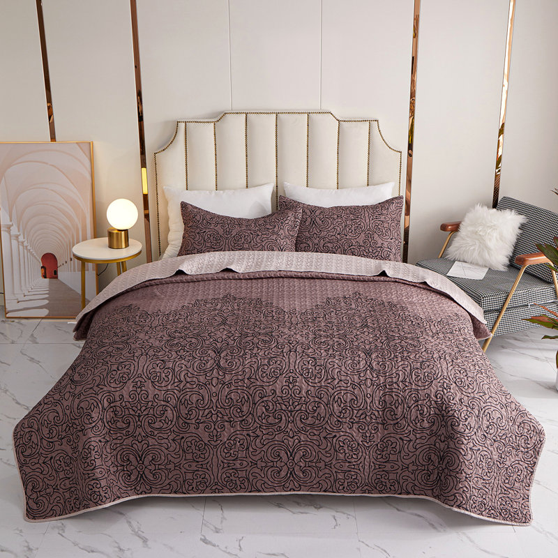 Polyester Percale Floral Coverlet, King Coverlet / Bedspread + 2 Shams, Coffee