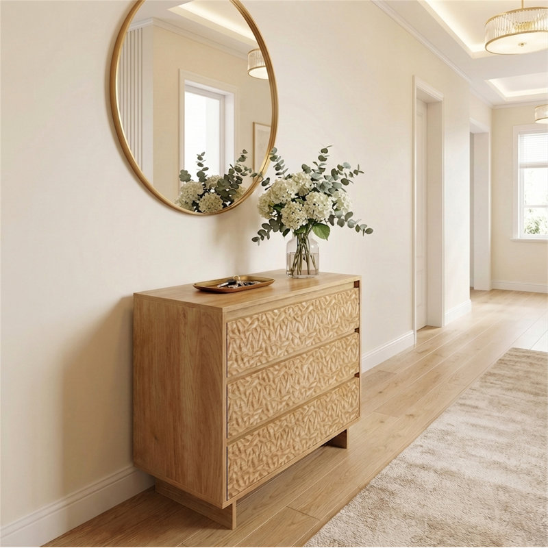 3-Drawer Nightstand with Charging Station, Modern Textured Bedside Table, Natural