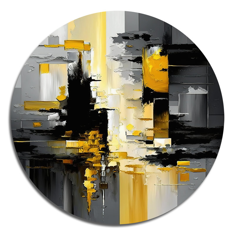 Abstrait géométrique noir et jaune V - Art abstrait rond en métal, H 29 po x l 29 po