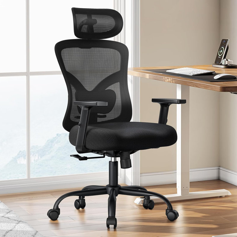 Chaise de bureau ergonomique avec support lombaire, appui-tête en 2 dimensions, accoudoirs réglables, coussin de siège profilé, chaise de bureau d'ordinateur avec roulettes pour la maison et le bureau