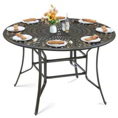  Table de salle à manger de patio pour 8 personnes, grande table de salle à manger ronde en aluminium coulé de 61 po avec trou pour parasol de 61 po, table de bar à hauteur de patio pour patio, bronze foncé