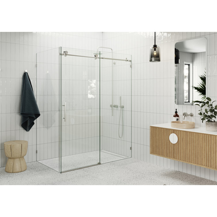 Nova 64 in. x 32 in. x 78 in. 90-degree Fully Frameless Sliding Glass Shower Enclosure