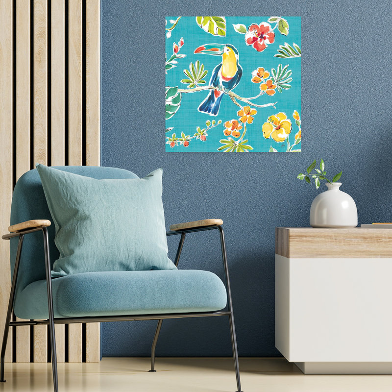 Oasis tropicale V abstrait oiseau hibiscus orchidée fleur tropicale, H 18 po x l 18 po