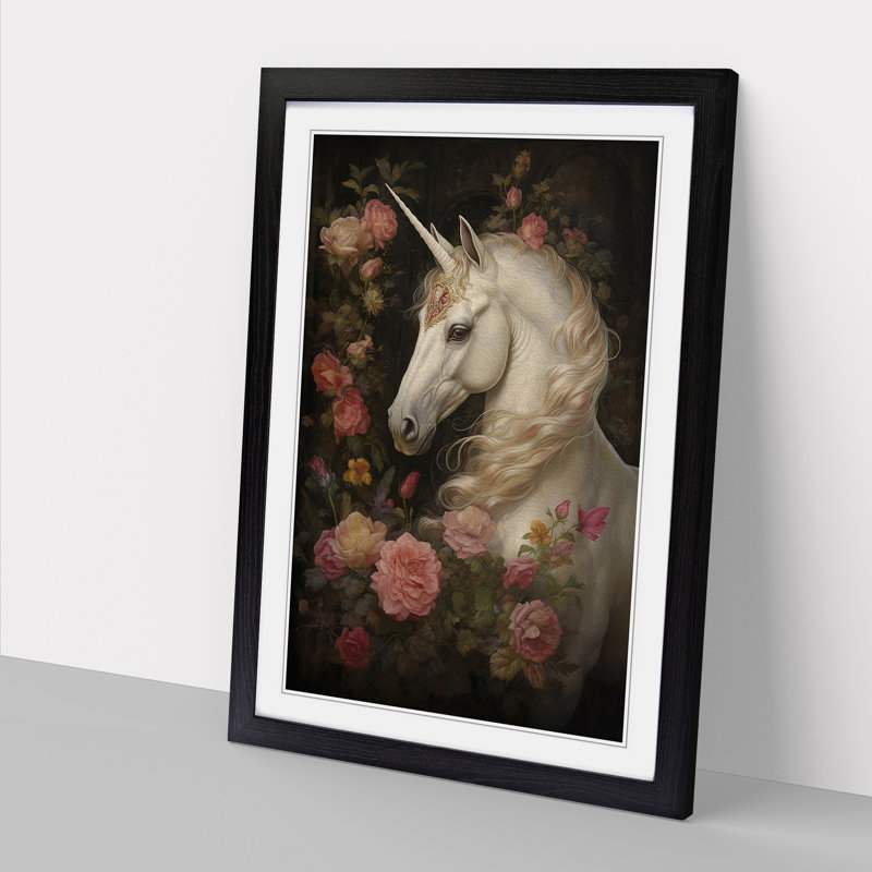 XYZ-FRM-V1223-1665 Unicorn Victorian - Single Picture Frame Print on Wood, Black, 34cm H x 25cm W x 2cm D