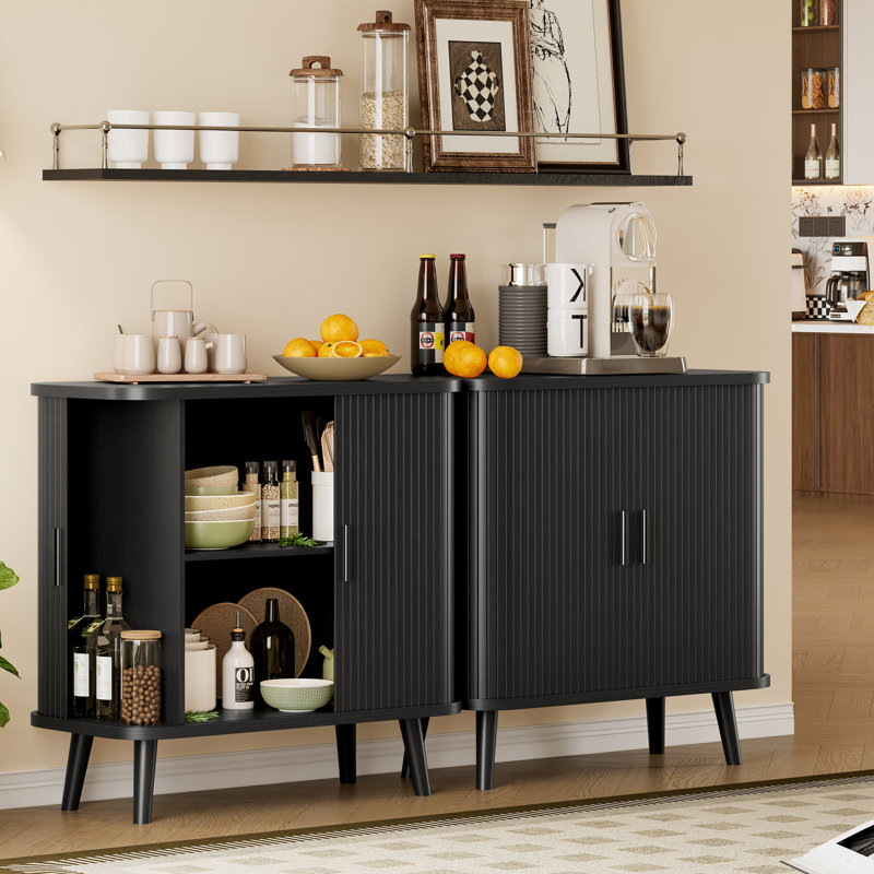 Armoire latérale à portes coulissantes avec tablettes réglables et panneaux latéraux courbés Solution de rangement minimaliste moderne