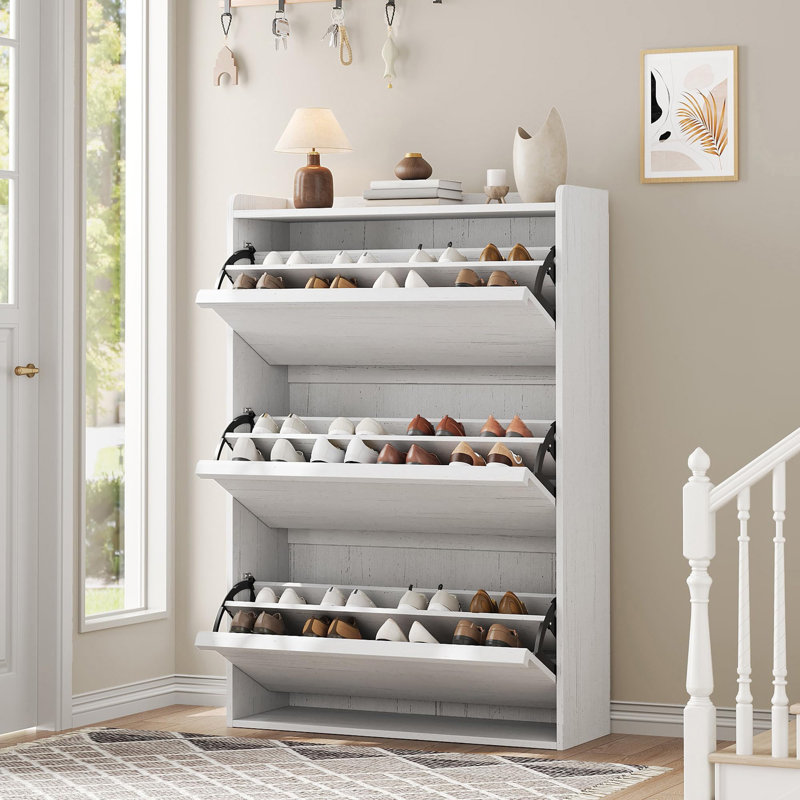 Shoe Cabinet with 3 Flip Drawers – Wooden Organizer with Adjustable Shelf, Hidden Storage for Entryway, Hallway, Living Room (White)