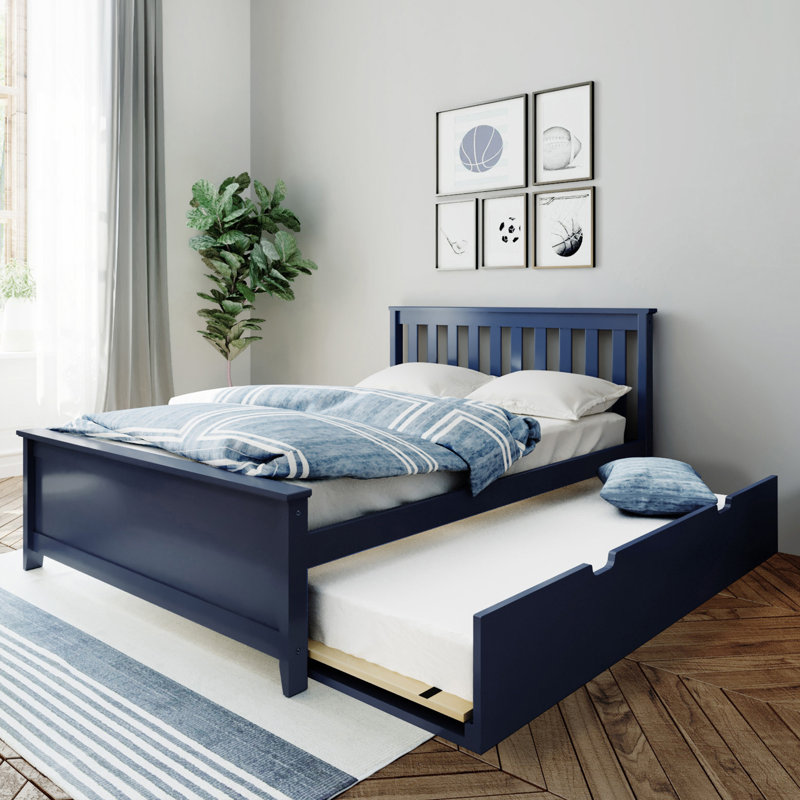 Lit plateforme double en bois massif avec lit gigogne Boling, Lit double, Bleu