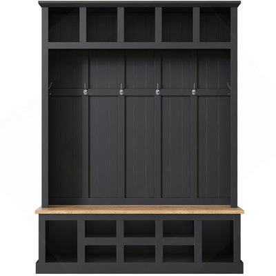Farmhouse Wooden Style Hall Tree With Wide Storage Seating Bench, Entryway Shoe Cabinet With 13 Compartments, Elegant Coat Rack With 6 Hooks For Mudroom, Living Room, Black (OLD SKU: SD000032AAB)