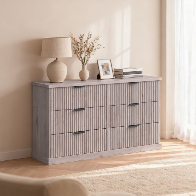 6-Drawer Double Dresser For Bedroom, 54.2" Wide Chest Of Drawers With Fluted Panels, Transitional Storage Dresser, Gray