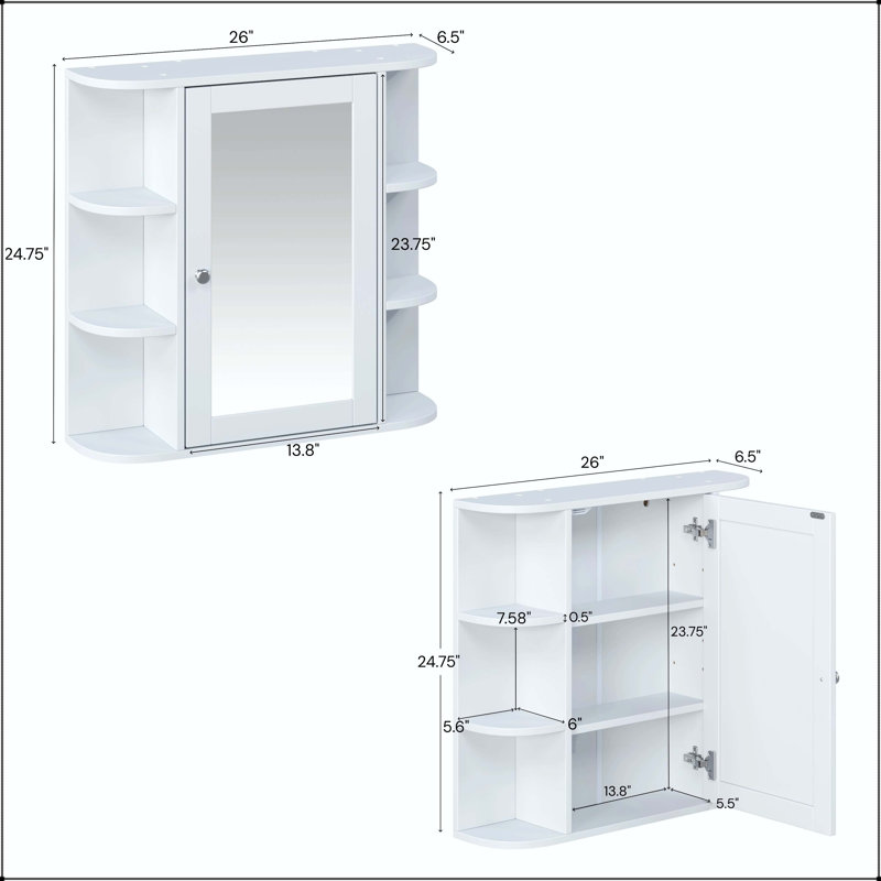 Pharmacie murale 26 pouces avec miroir 2-en-1 et 6 tablettes ouvertes - blanc, White