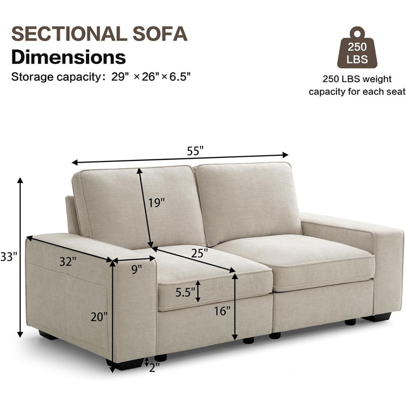 Upholstered  Modular Sofa, 33" H x 73" W x 32" D, Beige, 2
