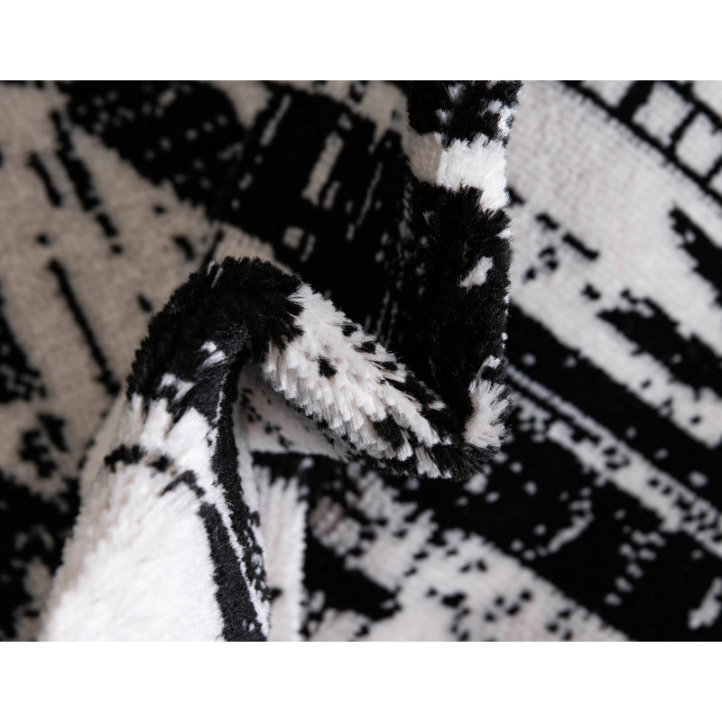 Tapis blanc / noir à motif géométrique Hewan, Carré 6 pi 1 po