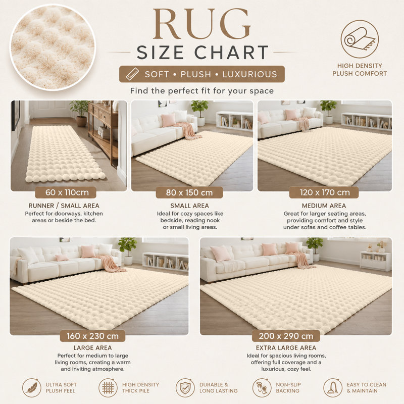 Bubble Design Luxury Area Rugs Soft Decorative Plush Rug for Living Room Bedroom , Beige, Rectangle 80 x 150 cm