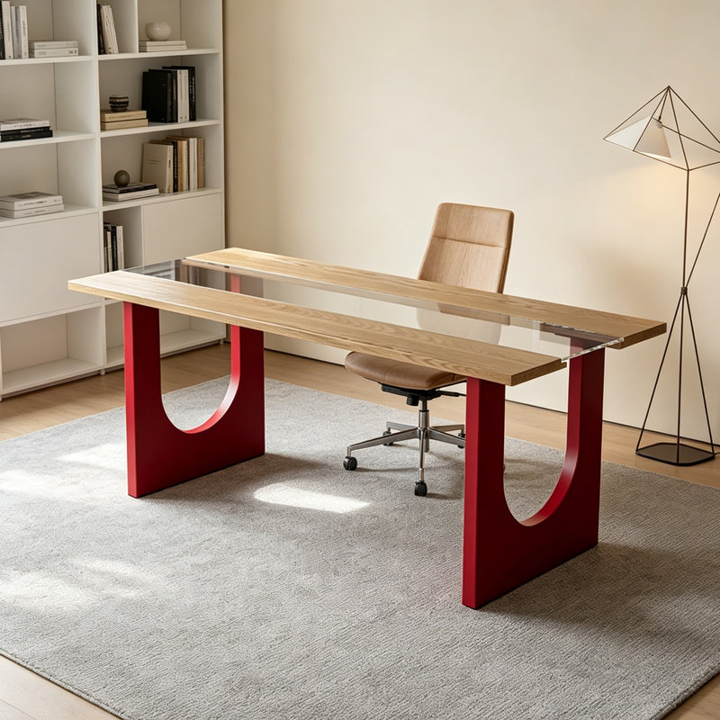 Bureau en verre trempé Creative Design, 29.52" H x 70.86" W x 31.49" D, Transparent / Rouge