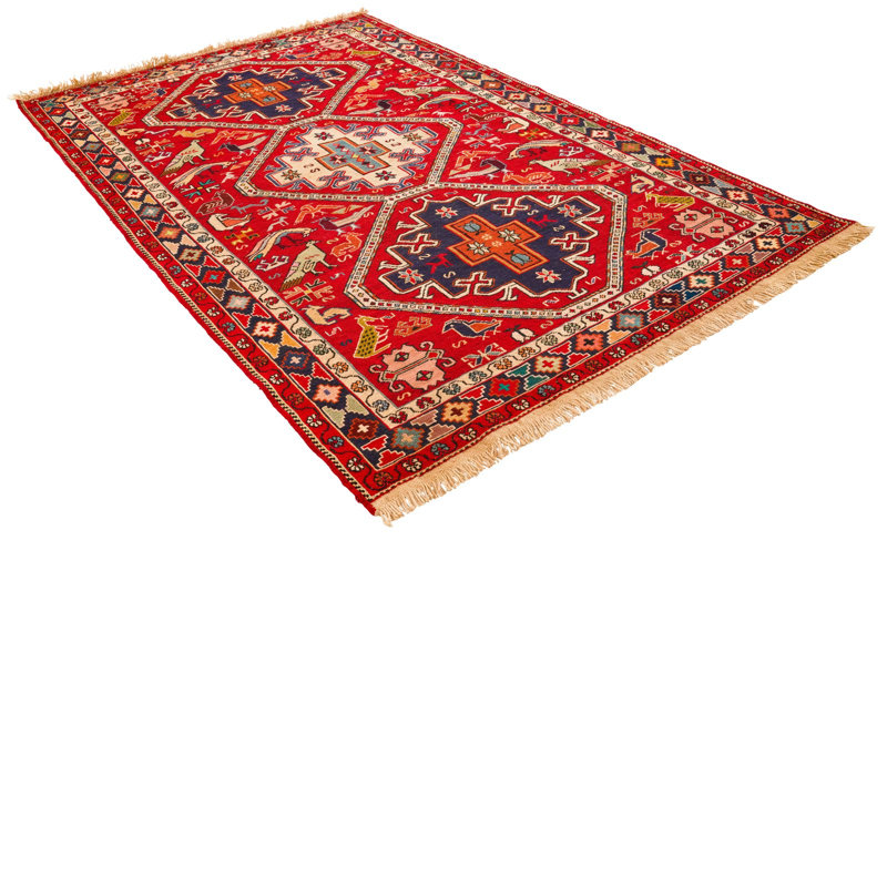 Tapis unique en laine multicolore / rouge 4 pi 2 po x 6 pi 11 po années 1990