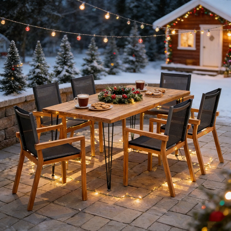 7-Piece Acacia Wood Outdoor Dining Set with 6 Ergonomic Chairs and Large Table for Garden, Deck, or Poolside Use., Black