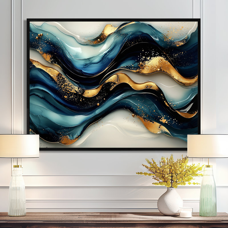 Décoration murale Odessia émeraude pierre fusion sur rivière bleue III - vagues modernes abstraites, H 30 po x l 40 po, Noir
