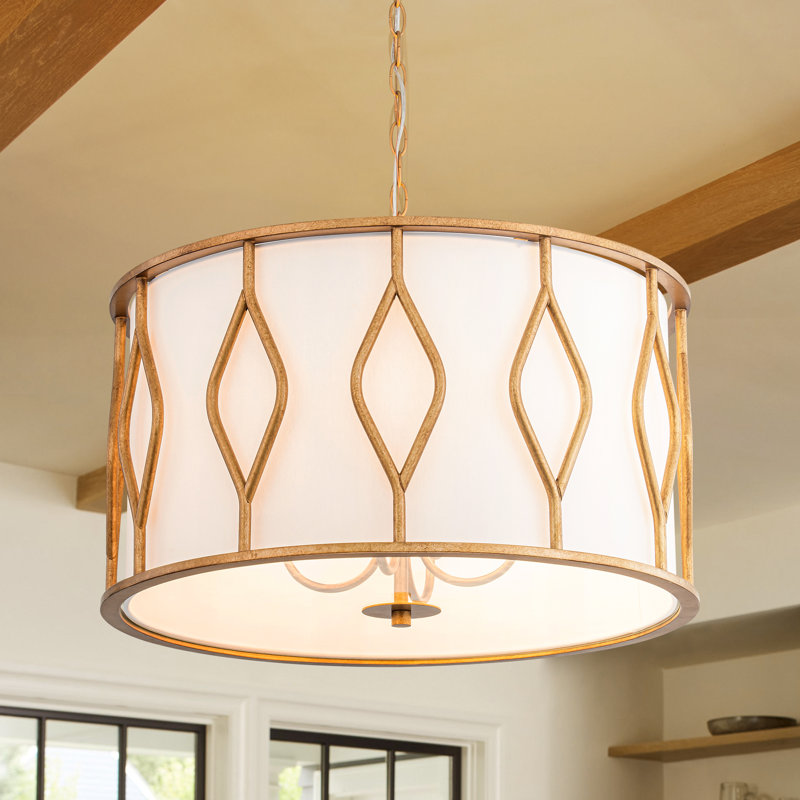 Luminaire suspendu tambour en fibre d'or à 4 lumières avec abat-jour en tissu blanc Fibrelight
