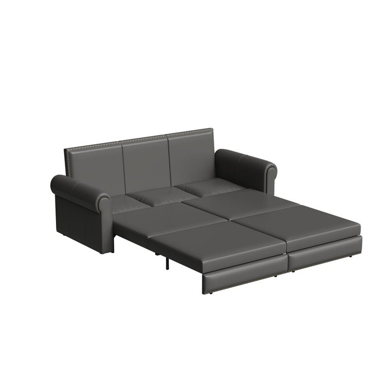 3-in-1 Convertible Sofa Bed with Nailhead Trim and Rolled Arms, 93.7" Trundle Sofa Bed, Chesterfield Sofa, Gray Faux Leather