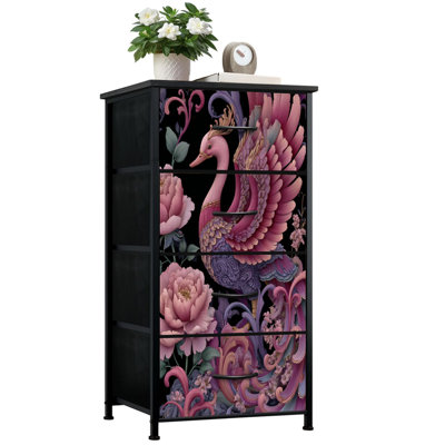 Commode pour la chambre à coucher avec 4 tiroirs de rangement Élégantes plumes ornées de cygnes roses et mauves parmi les commodes fleuries Commode en tissu avec cadre en acier pour vestibule