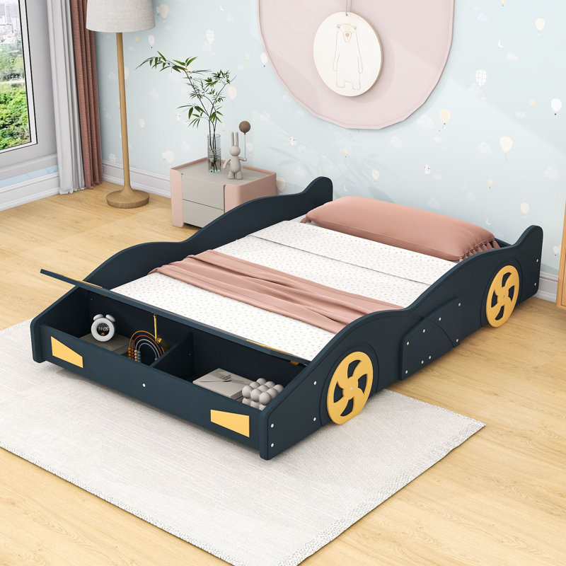 Lit plateforme double avec rangement, garde-corps et pieds centraux, conception en forme de voiture de course