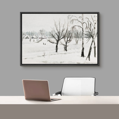 Snowy Winter Field Landscape Vintage Rustic Farmhouse Country Artwork Framed Canvas Print Wall Art