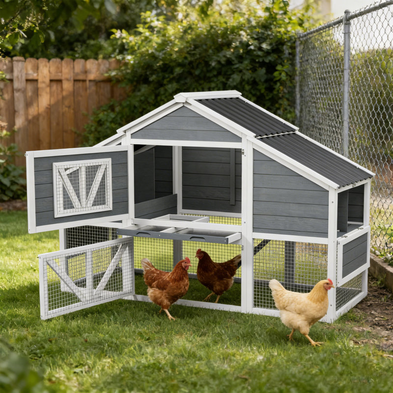 Poulailler en bois à 2 niveaux avec 4 boîtes de nidification pour 6 poules Backyard, gris et blanc