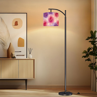 Lampe sur pied à arc avec abat-jour ajustable Aquarelle roses, accents dorés, mauve, rose, lampe sur pied, 3 températures de couleur, intensité variable, grand mât avec interrupteur au pied pour la chambre à coucher