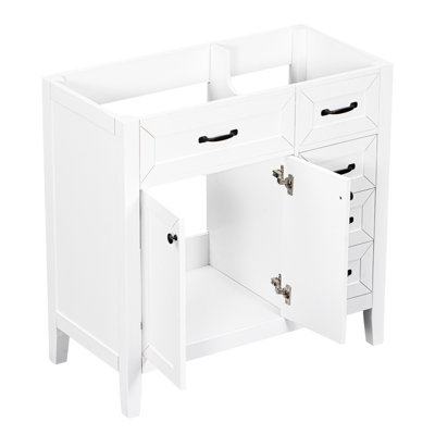 Base de meuble-lavabo blanc de 36 po. Rangement à tiroirs pour la salle de bain. Bois d'hévéa massif. Luminaire moderne. Autoportant. Base d'armoire requise. Avec tiroirs. Ornement autoportant