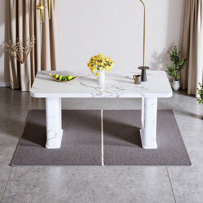 Modern Marble Textured Glass Dining Table For 6 8 People Durable Stylish