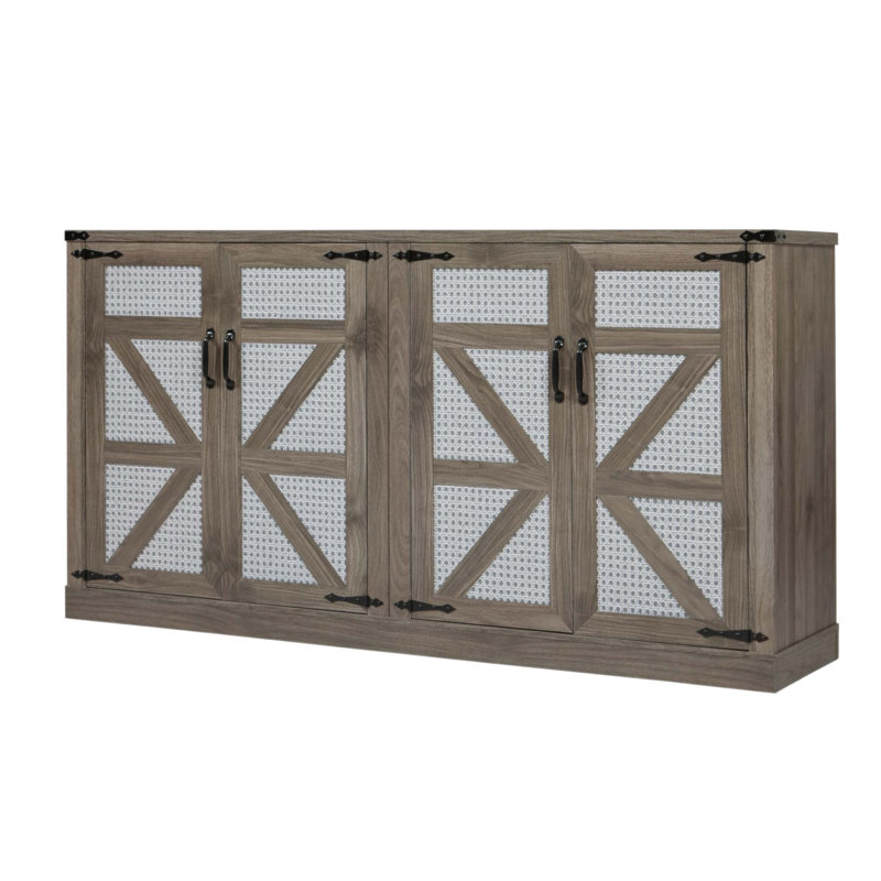 Buffet de 65 pouces en faux rotin avec portes de grange, grand rangement, durable et élégant pour une utilisation dans plusieurs pièces