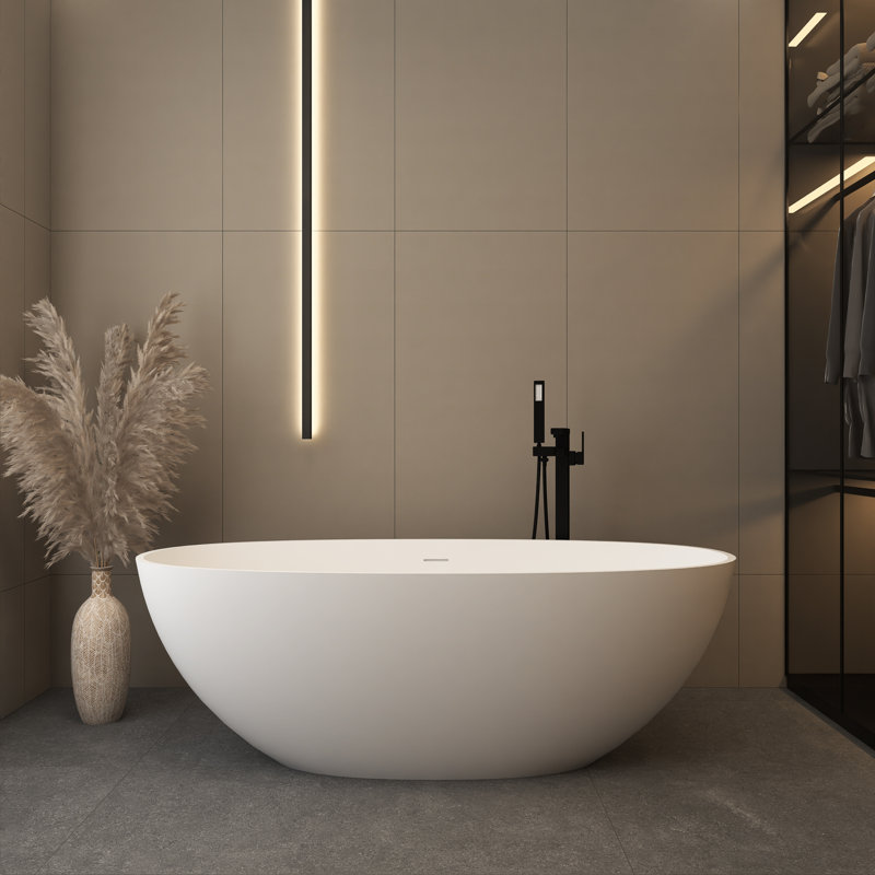 65-Inch Matte White Solid Surface Freestanding Soaking Bathtub