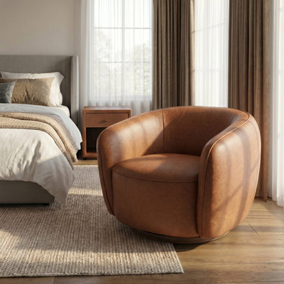 Genuine Italian Leather Swivel Barrel Accent Chair with Wood Base, Fully Assembled