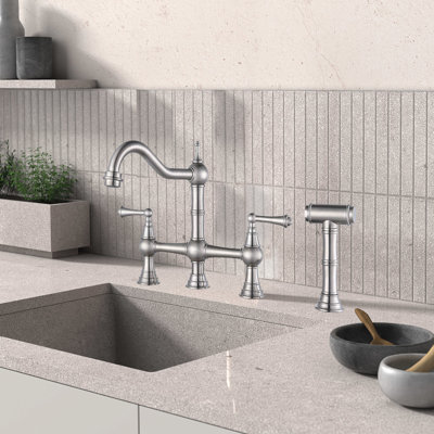 Side Spray Kitchen Faucet, 4-Hole Faucet, 2-Handle Faucet, Vintage Country Kitchen Sink Faucet