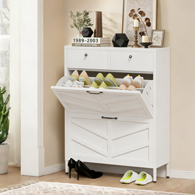 White Slim Shoe Cabinet with 4 Drawers - Freestanding Entryway Storage Cabinet, Space-Saving Organizer