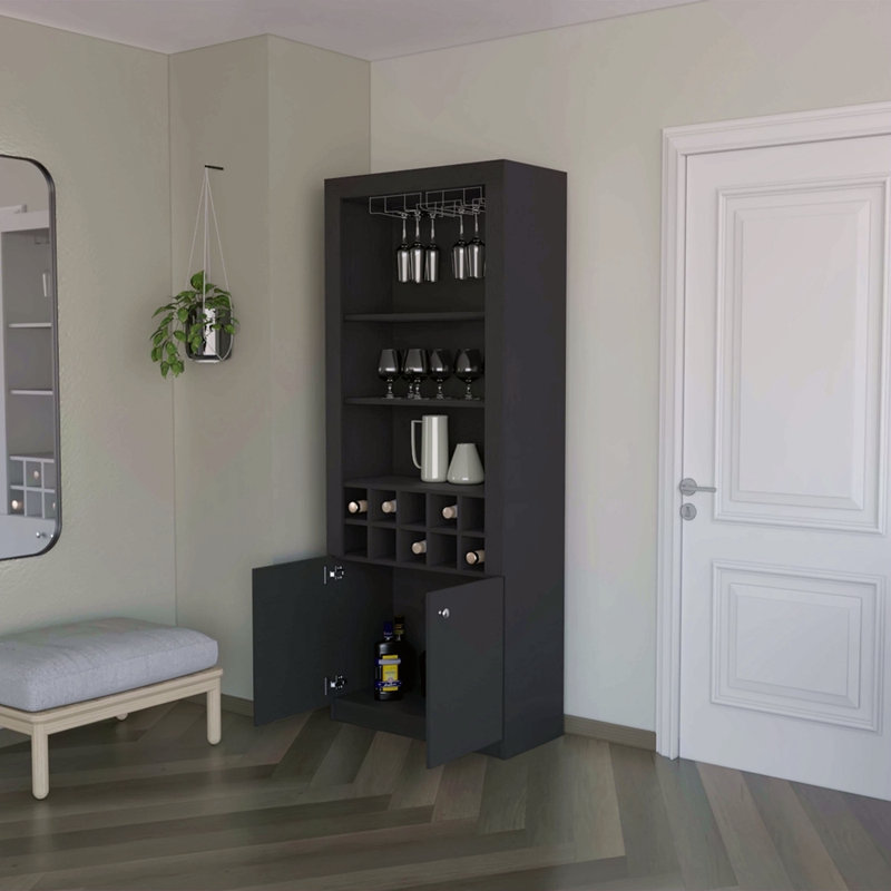 Bar avec rangement pour bouteilles de vin et trois tablettes, Noir