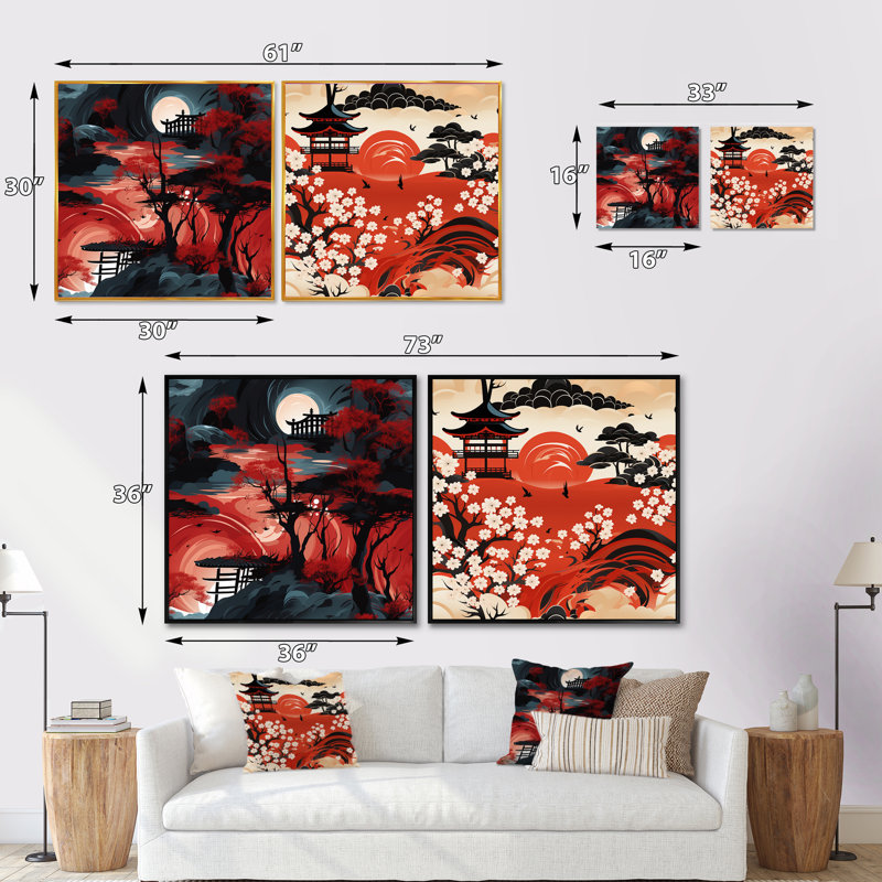Red Torii Gate, motif japonais - paysages abstraits carrés, ensemble de 2 collages, Cadre flottant noir, H 16 po x l 33 po