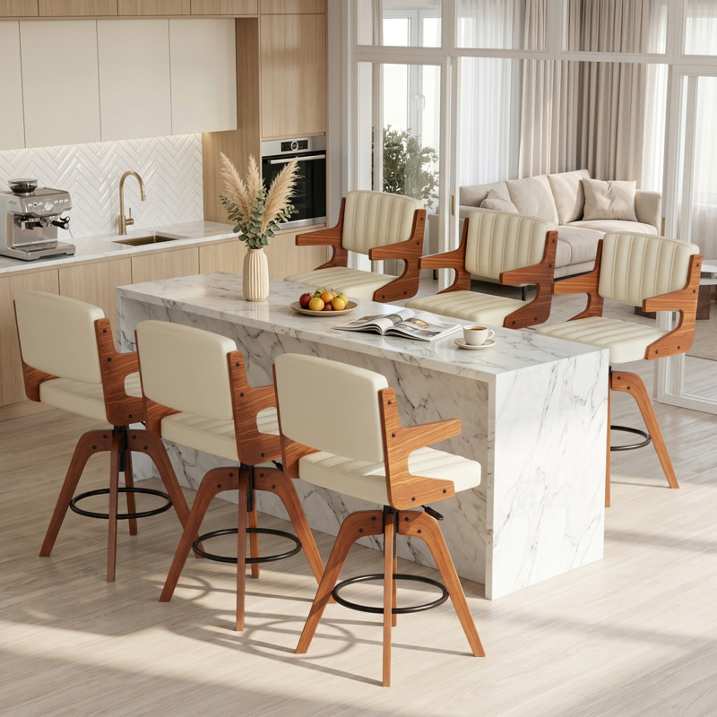 Adjustable Height Swivel Faux Leather Bar Stools (Set of 4), Beige, 4